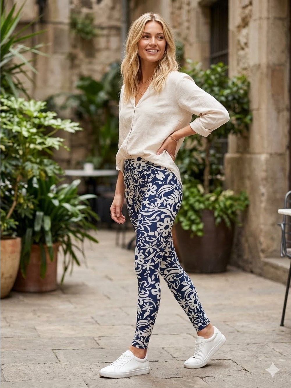 Navy & White Floral Print Leggings